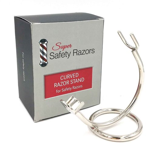Super Safety Razors, Curved Chrome Razor Stand – All-Metal Chrome-Plated Holder for Safety Razors with Handle Length 80 mm & Up – Sleek Finish & Sturdy Design
