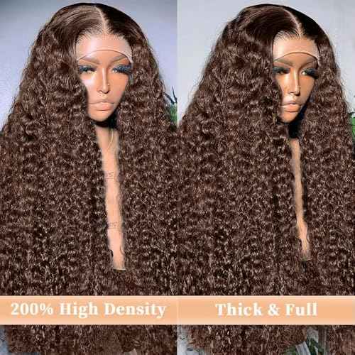 Chocolate Brown Lace Front Wigs Human Hair 13x6 Deep Wave Lace Front Wigs Human Hair 200 Density HD Colored Deep Curly Lace Frontal Wigs for Women Pre Plucked with Natural Hairline (24inch)