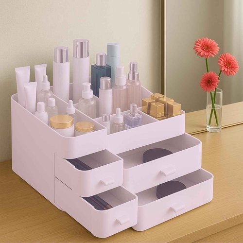 Makeup Organizer for Vanity – Large Cosmetic Storage Box with Drawers & Compartments for Brushes, Lipsticks, and Skincare – Bathroom Countertop Organizer for Women & Girls – Elegant White Design