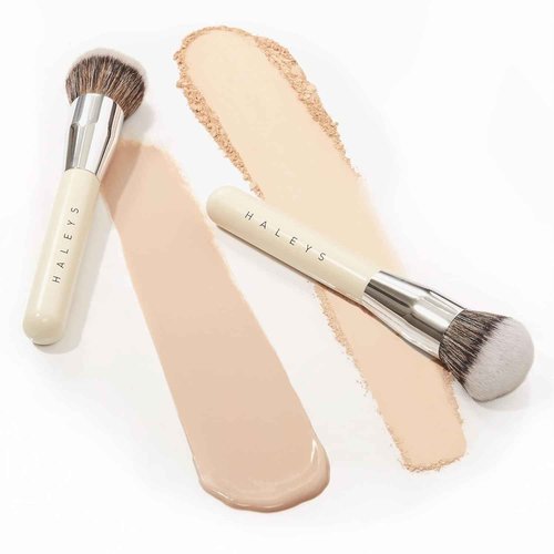 HALEYS 3pc Makeup Tools Set: Kabuki Brush, Powder Brush, Re-mix Sponge, Soft, Streak-free, Perfect Blending, Buff, Blurs, Smooths, For liquid, cream, powder, skincare, Cruelty-free, Sustainable Wood
