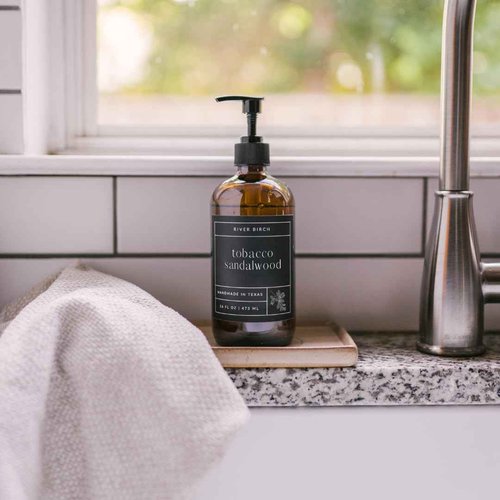 River Birch Tobacco Sandalwood Scented Natural Hand Soap - Handmade Soap - Moisturizing Hand Wash with Amber Glass Dispenser - Luxury Scented Hydrating Hand Soap - Vegan and Non-Toxic - 16 Fl Oz