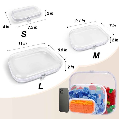 SXS LACONIC Clear Hard Plastic Zipper Case,Transparent Double Zippers Hard Pouch with 6pcs,Portable Travel Organizer Bin for Toy Storage