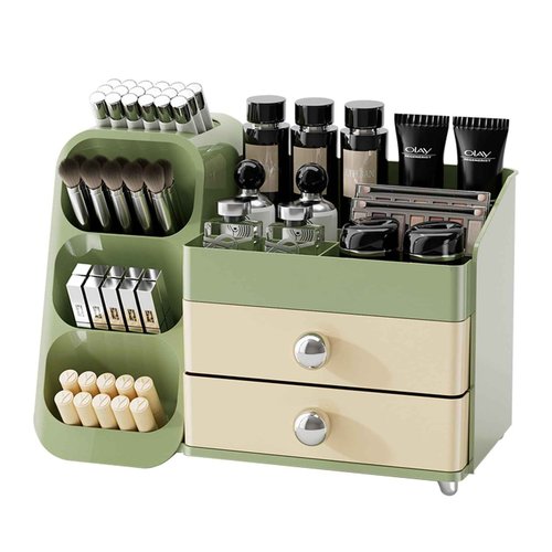 Makeup Organizer Countertop For Women,Brush Holder, Makeup Storage Organizer with 2 Drawers, Spacious Cosmetic Display Case for Beauty Essential, Skincare, Lipstick (Green)
