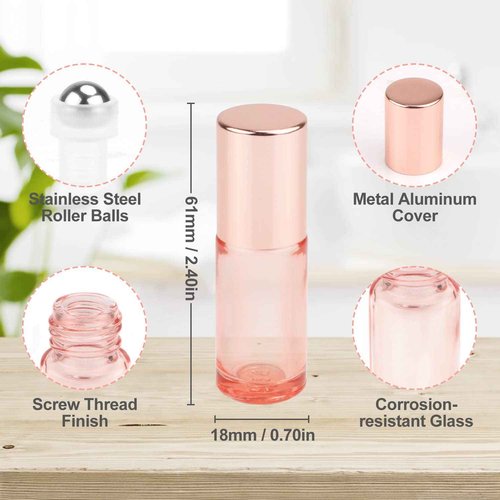 DMuuuDM 1/6 oz Pink Essential Oil Roller Bottle,20 Pcs Empty Glass Roll-On Vial with Stainless Steel Roller Ball,Rose Gold Lid,Portable Sample Container for Oils-Opener&Dropper Included