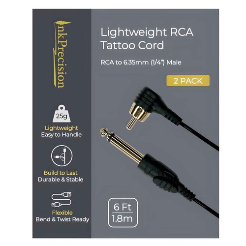 InkPrecision Lightweight RCA Tattoo Clip Cord (6FT, 2Pack) - 90 Degree RCA to 6.35mm (1/4") Connector Cable for Professional Rotary Machine Gun, Cables for PMU Tattoo Pen Power Supply