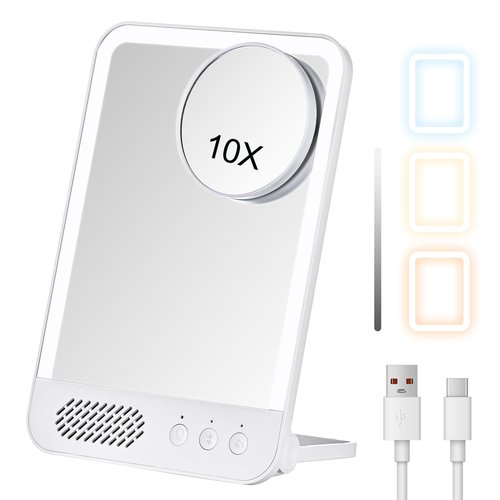 DASLAVA Rechargeable Travel Makeup Mirror with Lights 10X, Portable Lighted Beauty Mirror with Bluetooth Speaker, 3 Color & Brightness Adjustable, Tabletop Light up Mirror-(White)