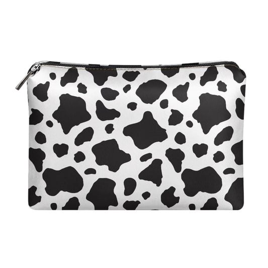 ELEDIZI Cow Print Makeup Bag for Purse Cute Makeup Pouch Aesthetic Black and White Skincare Bag Leather Clutch Bags for Women Waterproof Cosmetic Pouch Portable Makeup Brush Storage Birthday Gifts