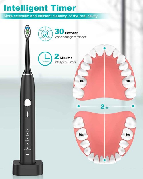 HUACO CARE Sonic Electric Toothbrush,5 Modes 3 Intensities with 2 Minutes Timer,One Charge for 90 Days,Rechargeable Toothbrush,Wireless Charge with 4 Replacement Brush Heads for Adults and Kids Black