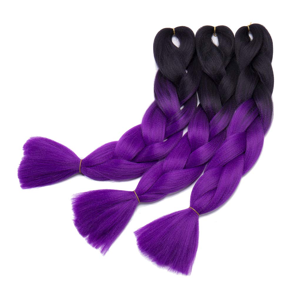 24 Inch Ombre Jumbo Braiding Hair Extensions Jumbo Braid Hair Ombre Long Jumbo Braids For Box Twist Braid Crochet Hair High Temperature Fiber 3 Tone Colored (5 Bundles, Black to Dark Purple)