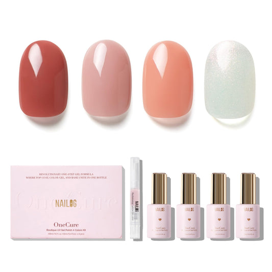 NAILOG Gel Nail Polish Set - 4 Colors Top Coat Color Gel Base 3-In-1 Soak Off UV Gel Polish Kit for Home DIY & Birthday Gifts for Women | Rosewood, Rose Pink, Peach, Pearlescent