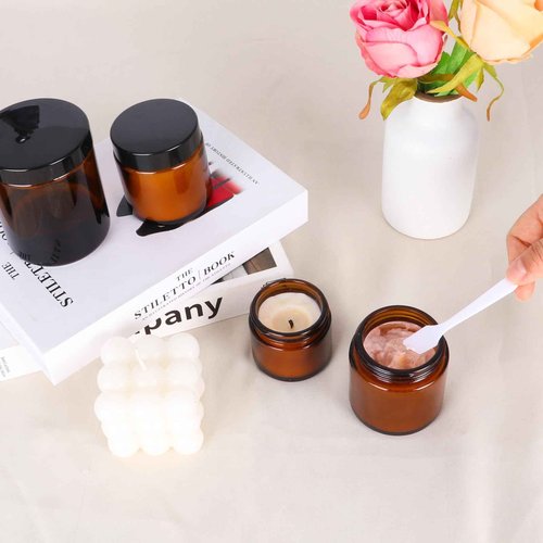 3 Pack 8 oz Amber Glass Jars with lids, Cosmetic Jars with Black Lids, Glass Lotion Containers, Candle Making containers for Lotions, Scrubs and Cosmetic, Lables and Spatulas Include