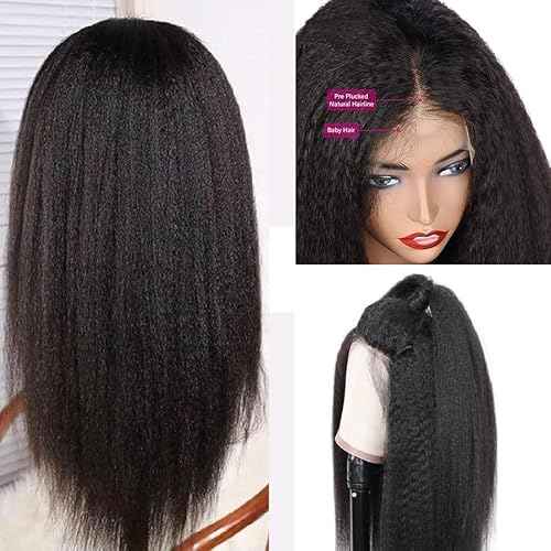 Kinky Straight Wig 20 Inch 180% Density Yaki Straight Human Hair Wig With Pre-Plucked Hairline & Adjustable Straps,Natural Black 13x4 Lace Front Wigs Human Hair For Black Women