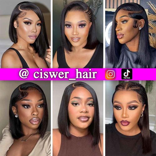 CISWER Short Bob Wig Human Hair Straight 13x4 Lace Front Wig Human Hair Bob Wigs for Black Women Glueless 180 Density Black Wig 12 Inch
