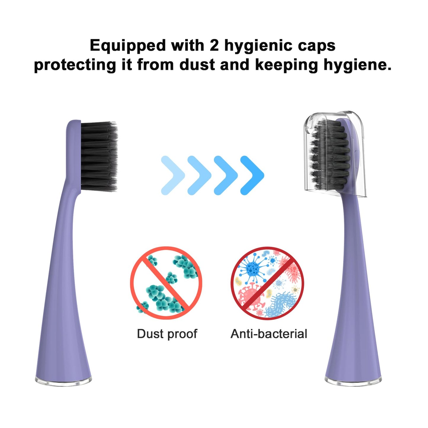 YUNCHI Replacement Toothbrush Heads for Burst Electric Toothbrush Adults with Dust Cover Caps, Soft Charcoal Bristles for Deep Cleaning, Plaque Removal and Whiting Teeth, 5 Count, Lavender