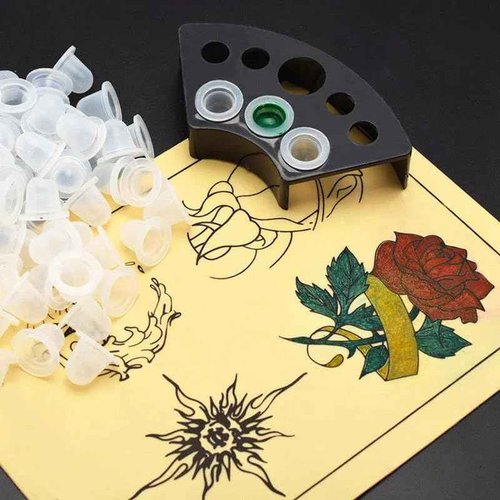 Tattoo Ink Caps Kit - Yuelong 300pcs Mixed Tattoo Caps with 2 Cups Holder Kit Disposable Pigment Caps Cups Plastic Permanent Makeup Ink Cups Holder Container Caps Tattoo Ink Supplies