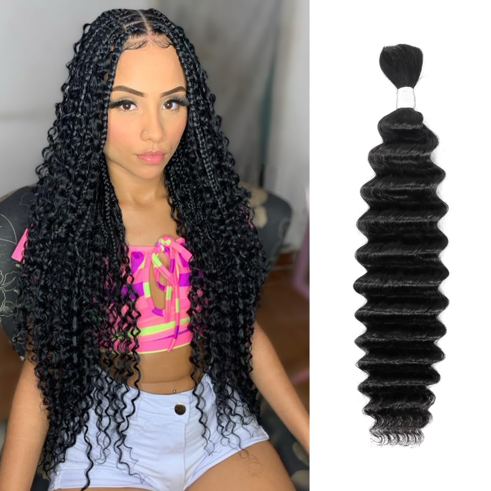 Human Braiding Hair Deep Wave Bulk Human Hair for Braiding No Weft 1 Bundle 50g 24Inch 10A Brazilian Virgin Human Hair Braiding Hair Extensions Curly Bulk Human Hair for Boho Braids