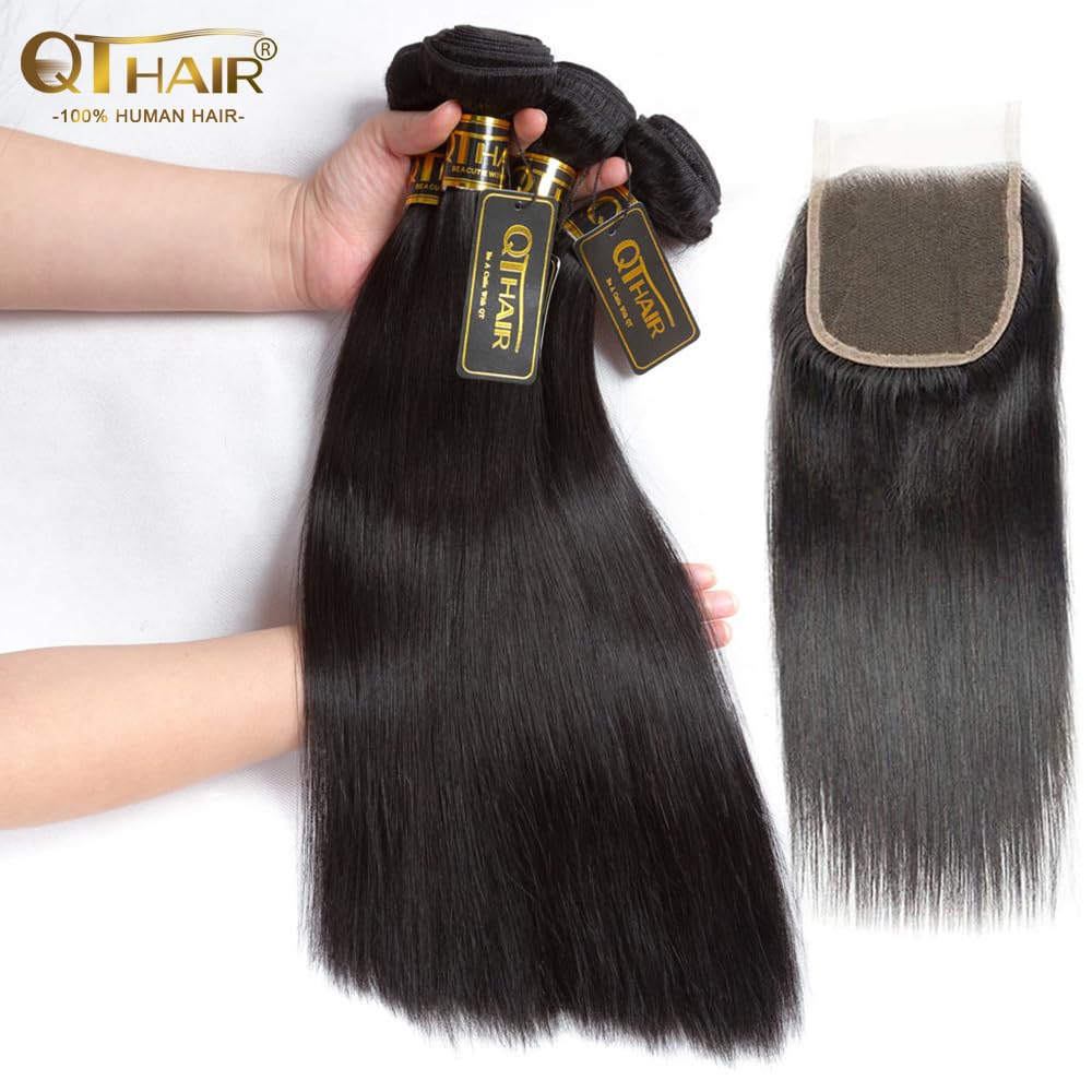 QTHAIR 14A Grade Brazilian Straight Human Hair Bundles with Closure(14" 14" 16"+12"Free Part Lace Closure,Natural Black) 100% Unprocessed Brazilian Virgin Hair Extensions for All Women