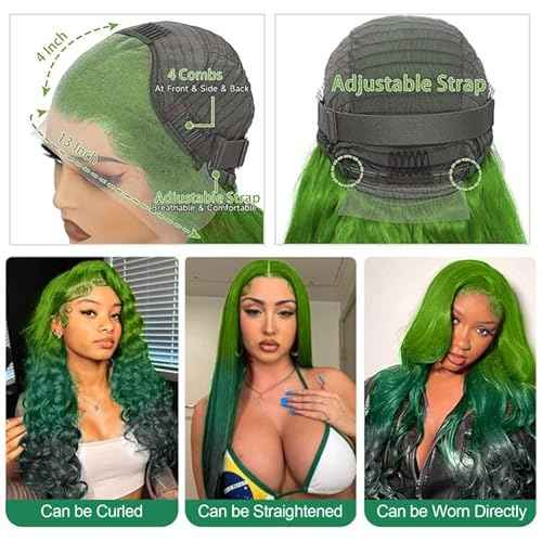 Green Ombre Lace Front Wig Human Hair Body Wave 13x4 HD Glueless Lace Front Wigs 3 Tone Light Green to Dark Green Colored for Fashion Women 180% Density 24 Inch