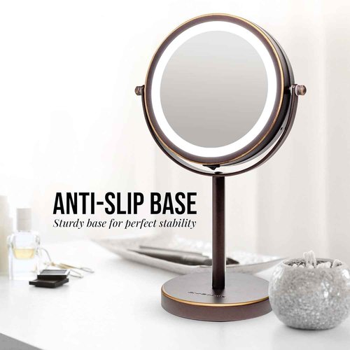 OVENTE 6" Lighted Makeup Mirror with 1X/7X Magnification, Cordless Tabletop Mount Vanity Round Mirror with 360° Swivel Design and Double Sided Cool Tone LED Ring Light, Antique Bronze MLT60ABZ1X7X
