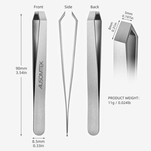 Ausomtek Beard Tweezers, White Hair Plucking Tweezers, Stainless Steel, Fine Hair Removal Tweezers, Eyebrows Shaping Tool, 5mm Tip, Cyan PU Case 1Pack, Silver, 1.0 Count, (BRTW-SSS-96WDQP)