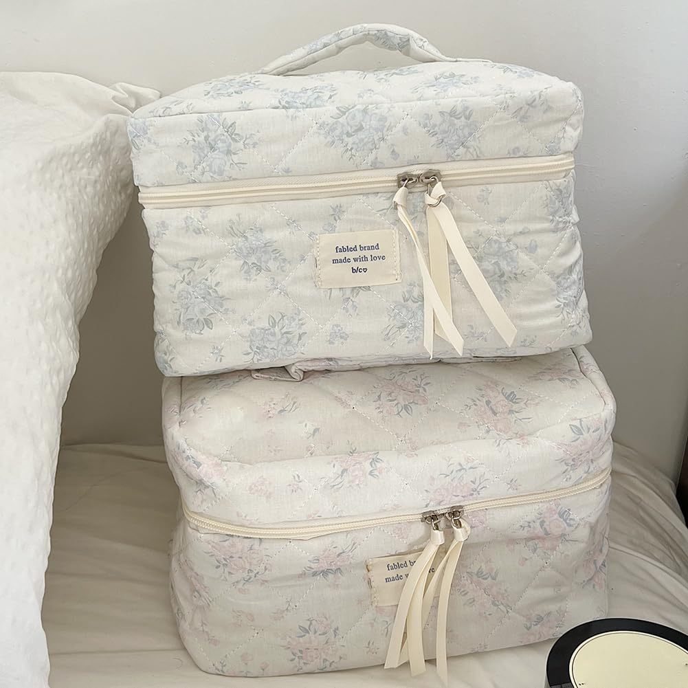 Lushandy 3 Pcs Floral Makeup Bag Quilted Cosmetic Bag Set for Women Cute Cotton Coquette Aesthetic Makeup Bag Large Travel Toiletry Organizer Bag