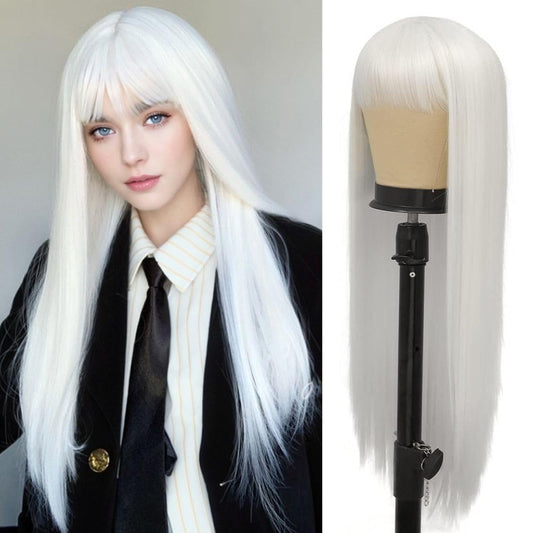 Siudus White Long Straight Wigs for Women with Bangs Natural Looking Synthetic Hair Wig for Halloween Cosplay Daily Use