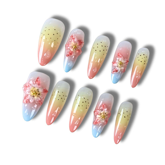 Yabonica Original Handmade Press On Nails Almond,10 Pcs Lasting Acrylic Press On False Nails Medium,3D Embossed Flower with Charm Design-Nature Reusable Stick On Finger-Cute Woman Girl Gift(034,M)