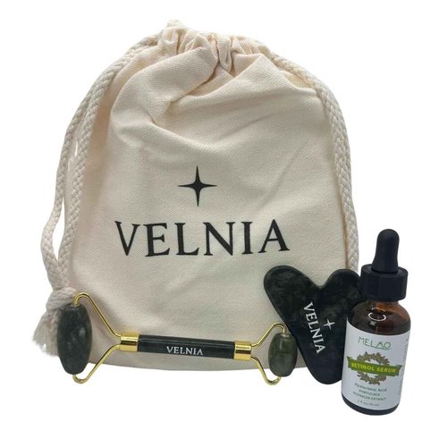 VELNIA Facial Skincare Kit – Jade Roller + Gua Sha + Retinol Serum with Hyaluronic Acid & Vitamin E – Anti-Aging & Face Massage Set for Women and Men