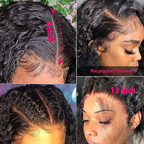 QinMei 13x4 HD Lace Front Wigs Human Hair Wigs for Black Women Deep Wave Glueless Wigs Pre Plucked With Baby Hair Curly Wave Human Hair Lace Frontal Wigs Natural Color 180% Density 18 Inch