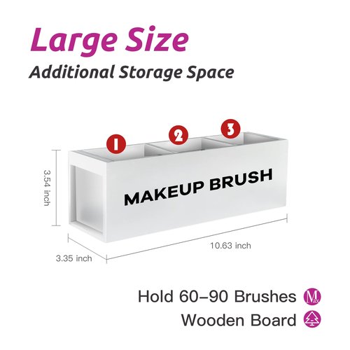 Suli Large Makeup Brush Holder Organizer, Wooden Cosmetic Brushes Storage with 3 Slots, Eyeliners Display Case for Vanity Desktop Bathroom Countertop -White