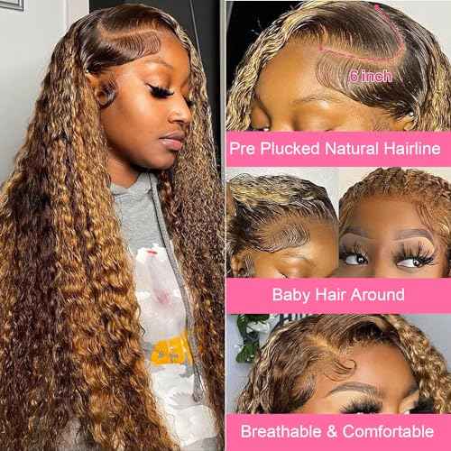 28 Inch 13x6 Highlight Ombre Deep Wave Lace Front Wigs Human Hair Pre Plucked #4/27 Colored Glueless Wigs Water Wave Honey Blonde Curly Lace Frontal Wigs Human Hair for Women