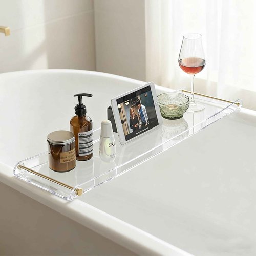 Acrylic Bathtub Tray, NEWRAIN Clear Bath Caddy Tub Table,Unique House Warming Gifts, New Home, Anniversary and Wedding Gifts for Couple, Bathroom Accessories for Spa or Reading Lite Style ﻿