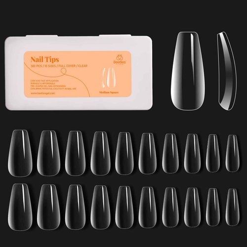 beetles Gel Polish 2 in 1 Nail Glue Base Gel and No Wipe Top Coat Kit,and Medium Coffin False Nails Tips 500Pcs