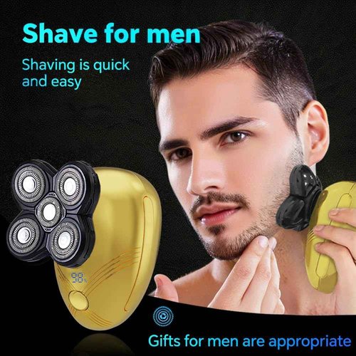 5-in-1 Electric Cordless Razor for Men Head Shaver for Bald Men Grooming Kit with Nose Trimmer-Hair Clippers-Facial Brush, LED Display Rotary Shavers,USB Charging Rechargeable (Gold)