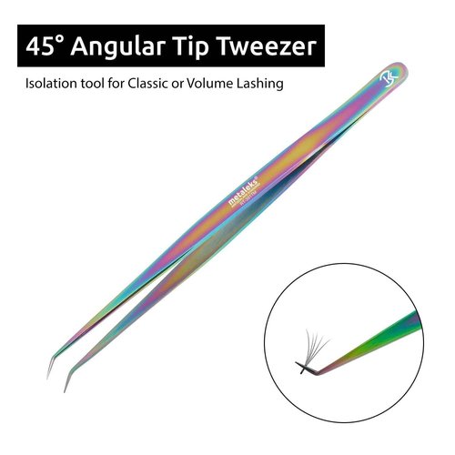 14cm Metaleks Eyelash Extension Tweezers Japanese Stainless Steel In Multi Titanium Coating 45° Angular Tip