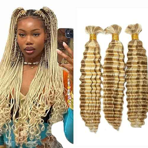 P27/613 Blonde Human Braiding Hair Deep Wave Bulk 28 28 28 Inch Human Hair Weave 3 Bundle Unprocessed Brazilian Virgin Hair Highlight Blonde Deep Wave Braiding Hair Extensions 50 Grams/Bundle