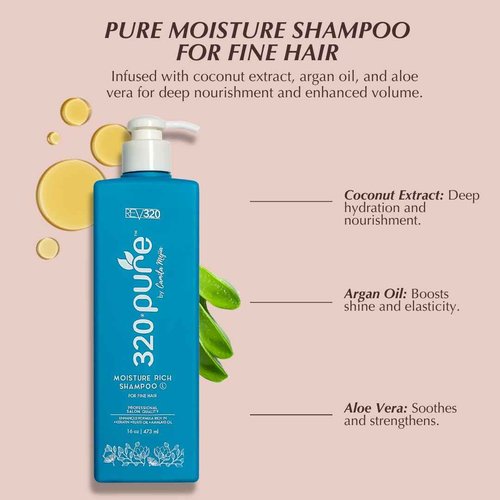 320Pure Moisture Rich Shampoo for Fine Hair 16oz, Repairing, Lightweight & Volumizing Formula, Best Cleaner for Dry, Thin, or Fine Hair, Pure & Natural, Hydrating Shampoo for Women