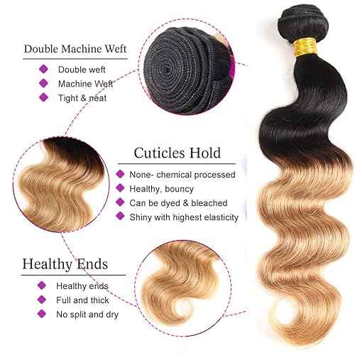 1b27 Ombre Body Wave Human Hair Bundles Two Tone Black and Honey Blonde Bundles Wet And Wavy 100g/Pcs 8A Grade Brazilian Honey Blonde for Black Women 14 16 18 Inch