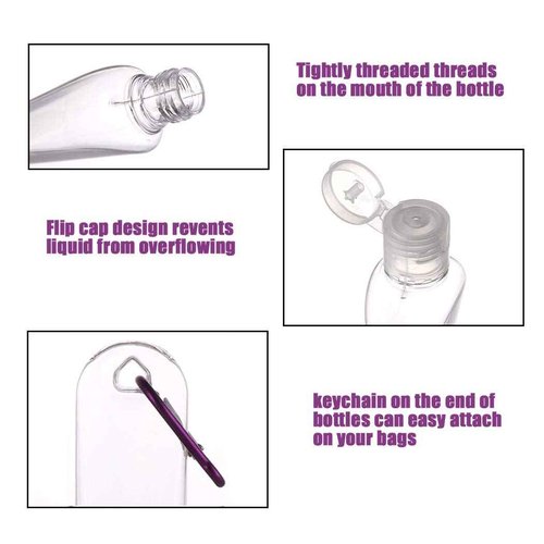 HATTIE 50Pack Travel Plastic Clear Keychain Bottles 50ml/2oz Portable Leakproof Squeeze Small Bottles With Flip Cap Refillable Empty Containers for Lotion Soap Toiletry