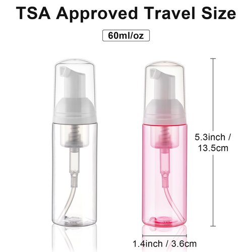 Cosywell Foam Soap Dispenser 2oz 2 Pack TSA Approved Empty Travel Pump Dispenser for Hand Soap Foaming Lash Shampoo for Cleanser, Dispenser(Clear+Pink)