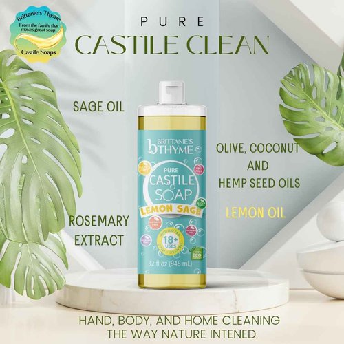 Brittanie’s Pure Castile Liquid Soap Refill, Lemon Sage, 32 Ounce Pack of 2 | Dish Soap, Hair & Body, Home, Gentle and Pure, Made with Natural Luxurious Oils, Vegan & Gluten Free Non-GMO
