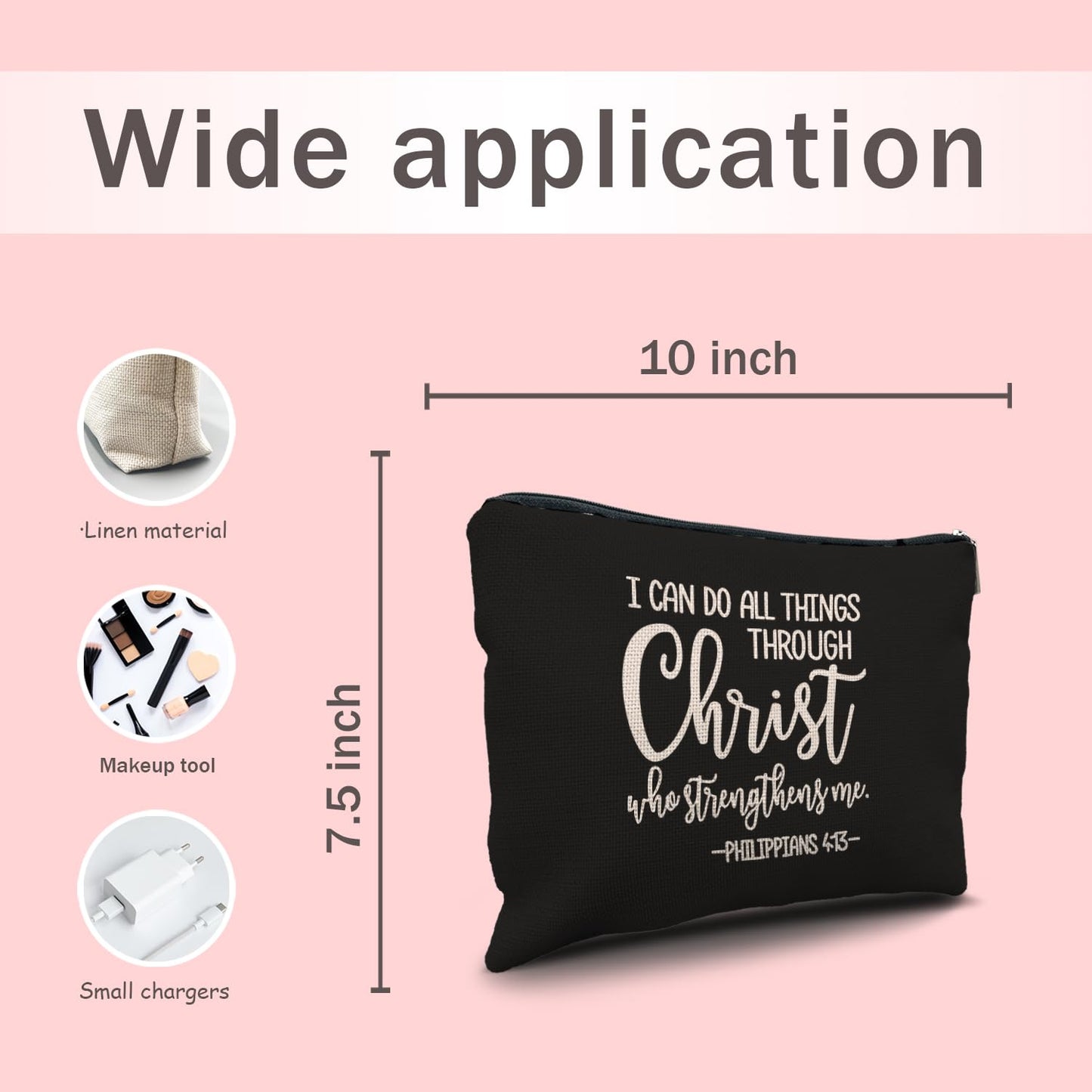 Nogrit I Can Do All Things Through Christ,Christian Black Makeup Bag,Christian Gifts for Women,Inspirational Gifts for Women,Bible Verse Scripture Philippians 4:13 Small Cosmetic Makeup Bag for Purse