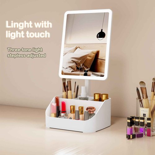 Rechargeable Makeup Mirror Organizer with LED Lights & 20X Magnification, Large Capacity Cosmetic Display Case for Skincare & Makeup Brushes, Countertop Vanity Organizer for Bedroom, Bathroom (Cream)