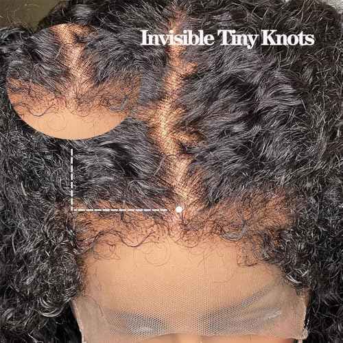 Kinky Curly Edges Hairline 13x4 Lace Front Wigs Human Hair Transparent HD Lace Frontal Wig Pre Plucked Pre Bleached Knots 4C Edges Baby Hair Deep Wave Curly Wig 180% Density (16inches)