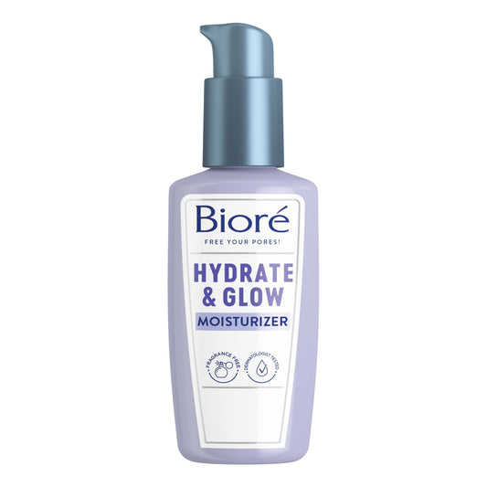 Bioré Hydrate & Glow Facial Moisturizer for Dry Skin, Sensitive Skin with Avocado Oil, Coconut Water and Probiotics, Dermatologist Tested, Fragrance Free, Cruelty Free, Vegan-Friendly 3.4 oz with Pump