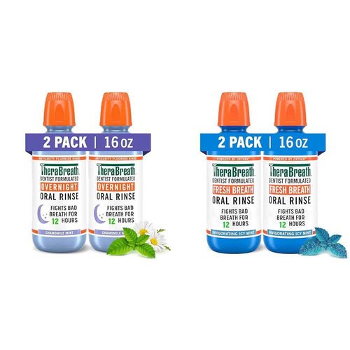 TheraBreath Overnight & Fresh Breath Mouthwash Bundle, Chamomile Mint & ICY Mint Flavors, 2 Packs of 16 fl oz, Fights Bad Breath 12 & 24 Hours