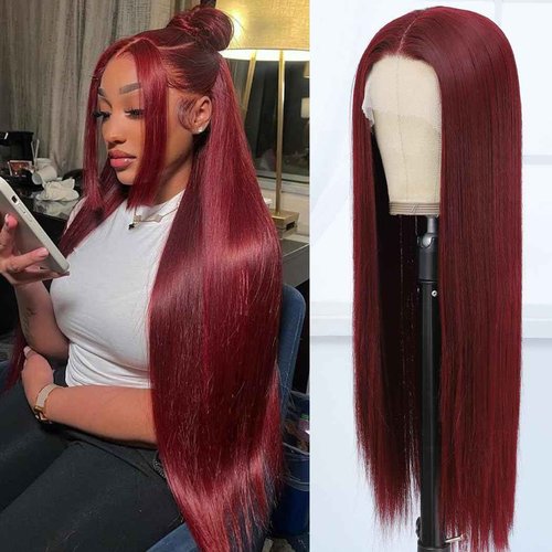 Koreyo 99j Burgundy Wig, Synthetic Lace Front Wig Pre-Plucked 13x4 HD Transparent 26 inch Long Straight Wine Red Lace Front Wig For Black Women Suitable For Everyday Wear