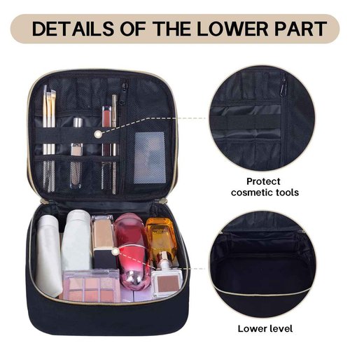 TANPADUAJI Double Layer Makeup Bag Portable Large Cosmetic Case Organizer with Adjustable Dividers Storage Travel Bag for Accessories Brushes Conditioner and Skin Care Products (Black)