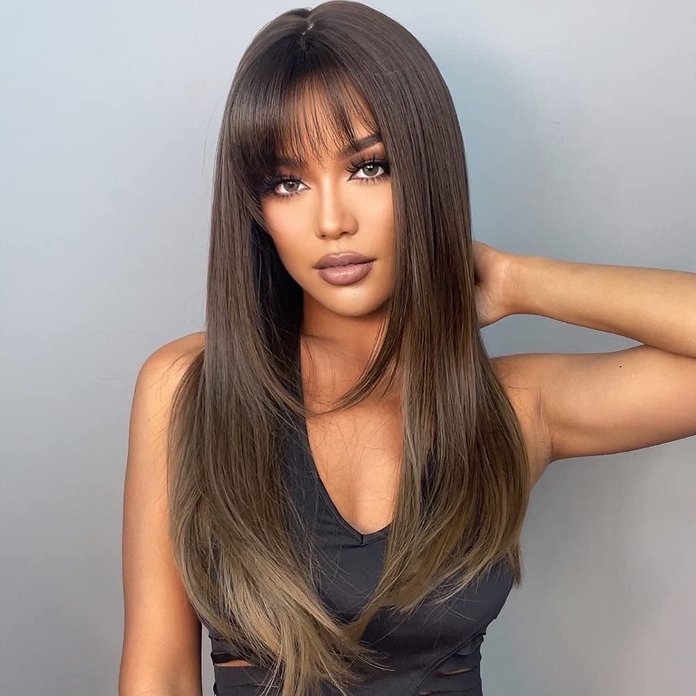 HAIRCUBE Brown Wig with Bangs Long Straight Wigs for Women Side Part Hairline Heat Resistant Fiber Synthetic Wigs