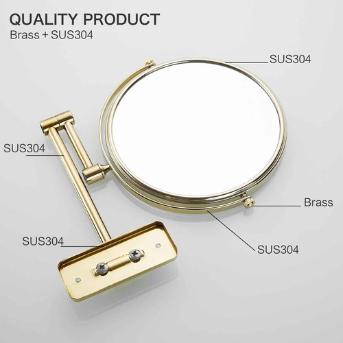 AIREMOEN Gold 1x10x Double Sided Magnifying Bathroom Makeup Mirror 360 Degree Swivel Mirror Adjustable Telescopic Arm Wall Mount 8 Inch Non-Illuminated Beauty Mirror Shaving Mirror（Square Base）